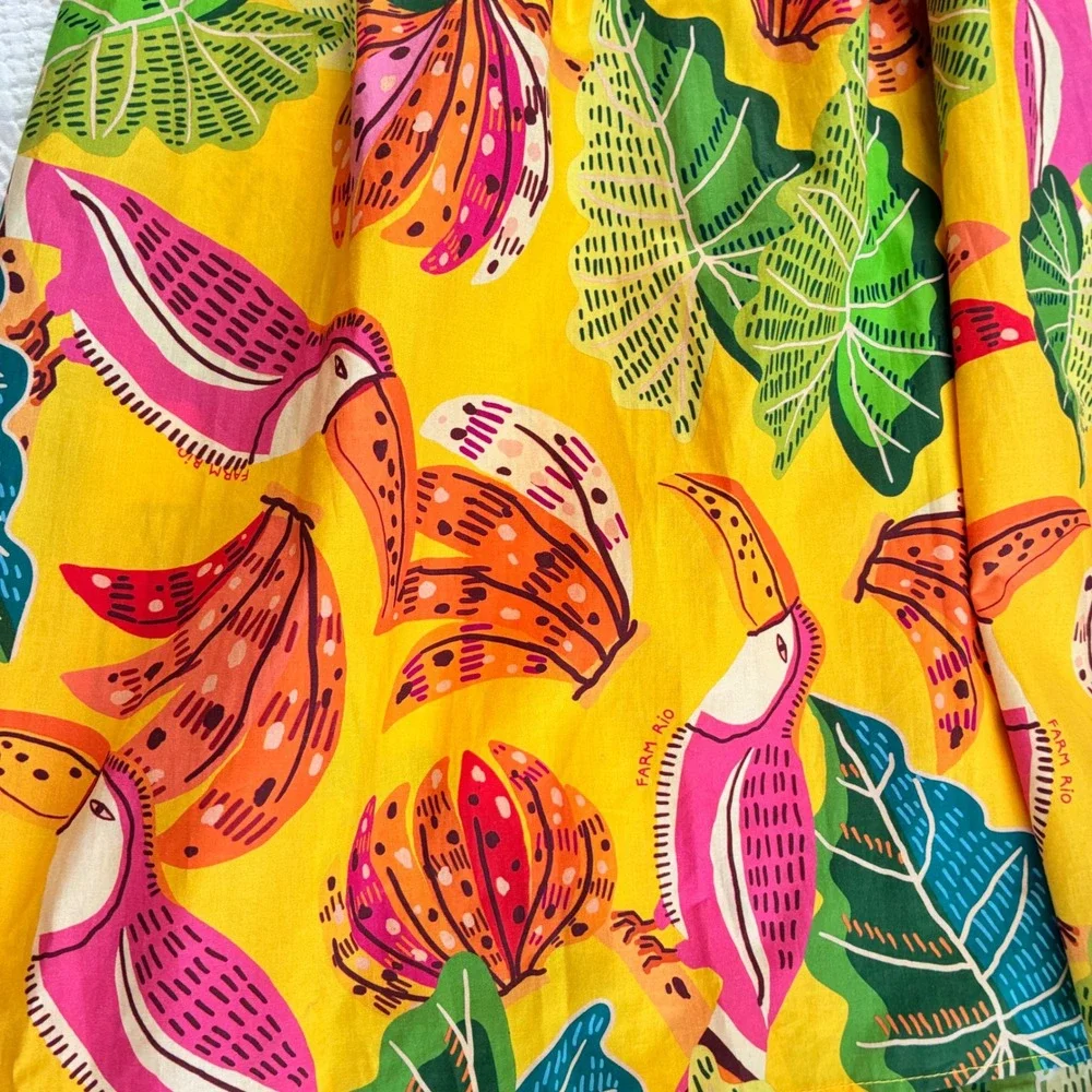 Farm Rio Yellow Tropical Toucan Banana Print Tiered Tie Back Maxi Dress Cotton